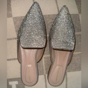 Alberta Ferretti Silver Rhinestone Crystal Glitter Pointed Mules Slippers - 35